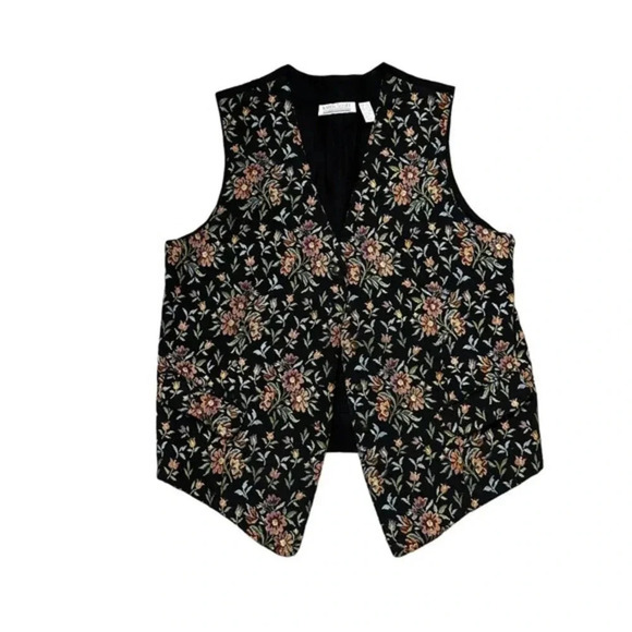 Karen Scott Floral Print V-Neck Sleeveless Button Front Vest‎ Jacket Black Large - Picture 1 of 3